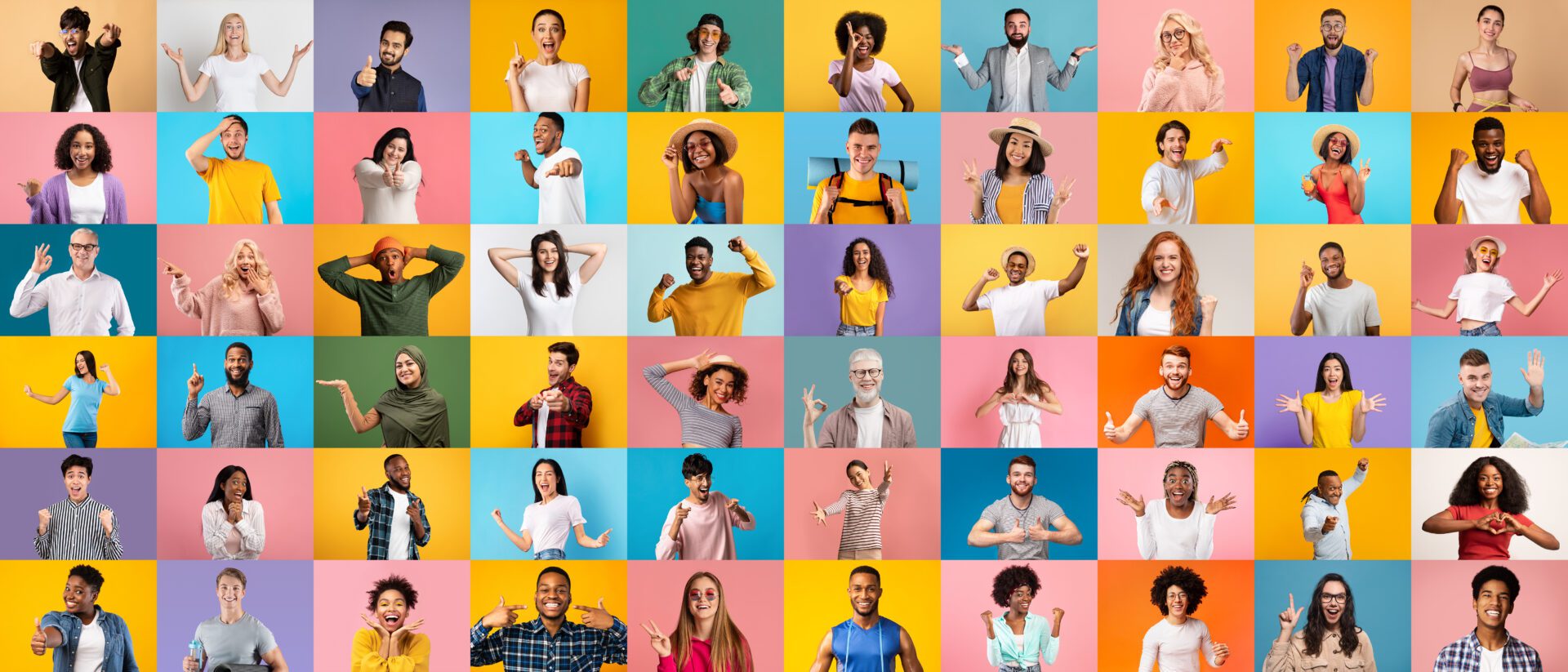 Set Of Happy Excited Multicultural Males And Females Posing Over Bright Backgrounds Set Of Happy Excited Multicultural Males And Females Posing Over Bright Backgrounds